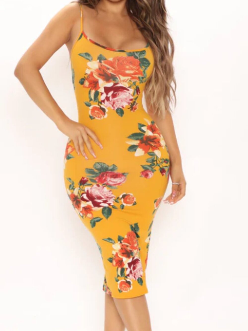 Fashion Nova Body Moves Midi Body Con Gold Yellow Floral